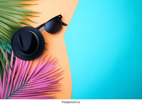 Summer Holiday Tropical Background with Sunglasses and Hat
