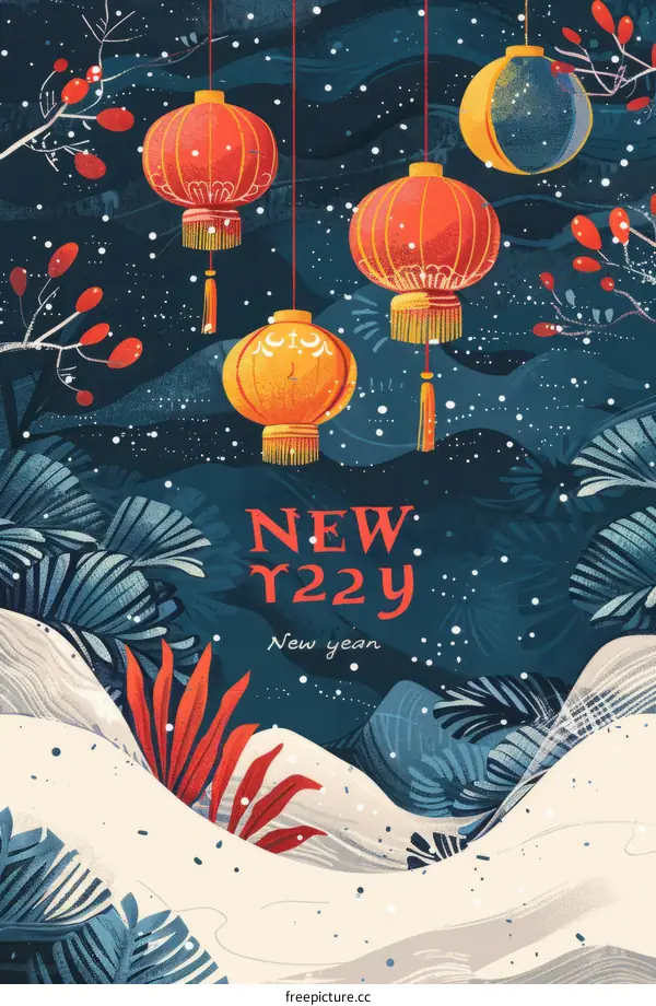 Traditional Chinese New Year Celebration 2023 with Red Lanterns and Snowy Blue Landscape