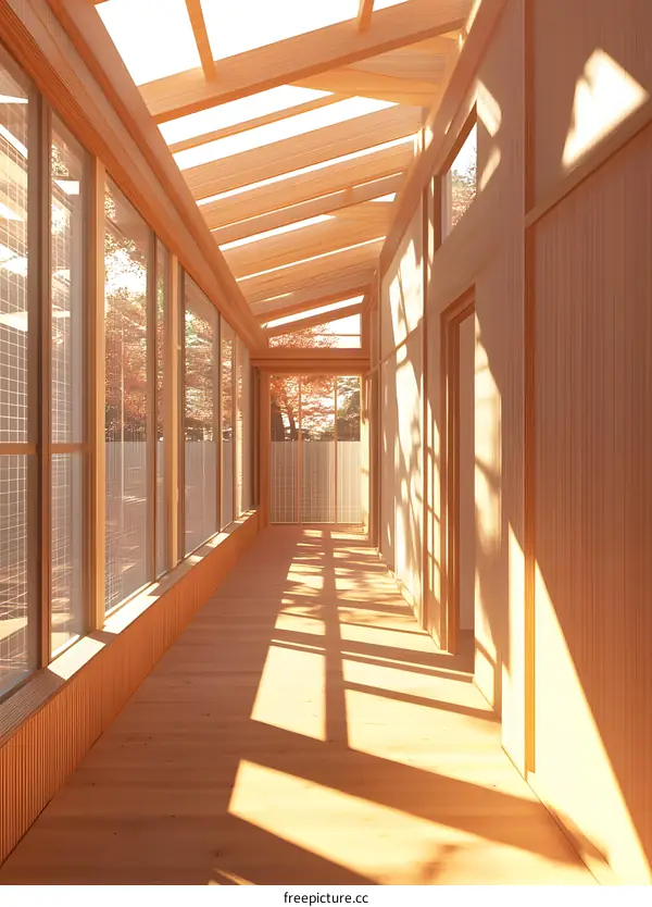 Wooden Corridor with Glass Roof and Sunbeams
