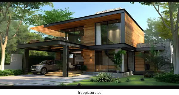 Modern Wood and Steel House with Carport and Green Landscaping