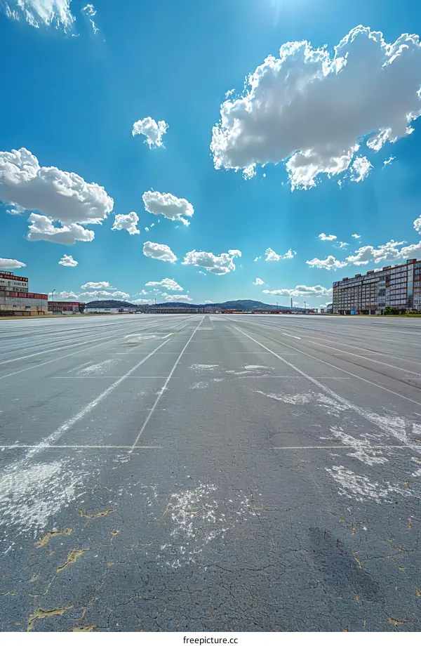 Empty Track and Field with Blue Sky and White Clouds
