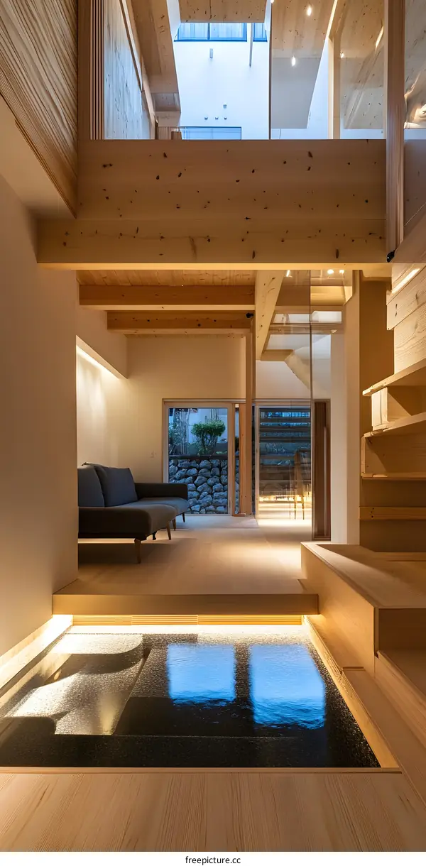 Modern Japanese Style Interior Design with Wooden Beams and Water Feature