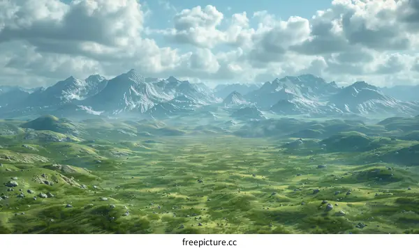 Fantasy Green Rolling Hills and Majestic Mountains Landscape