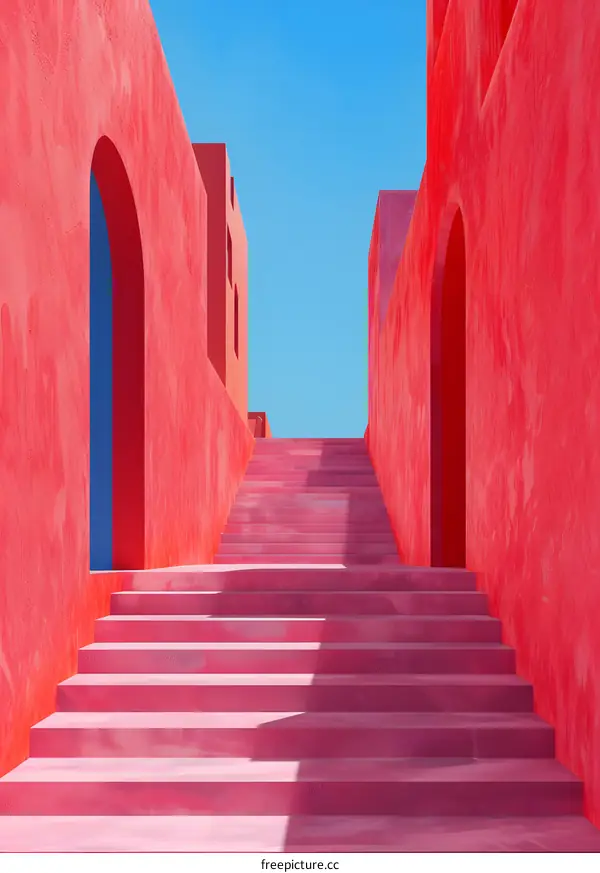 Pink staircase in a blue sky