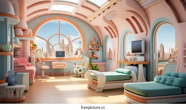 Cozy futuristic home interior with city view