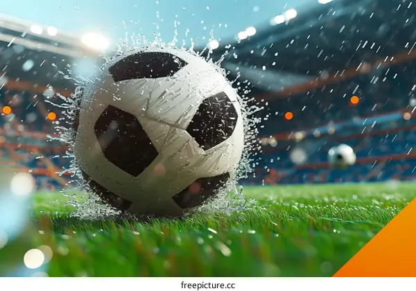 A soccer ball on the wet grass with a blurred stadium in the background