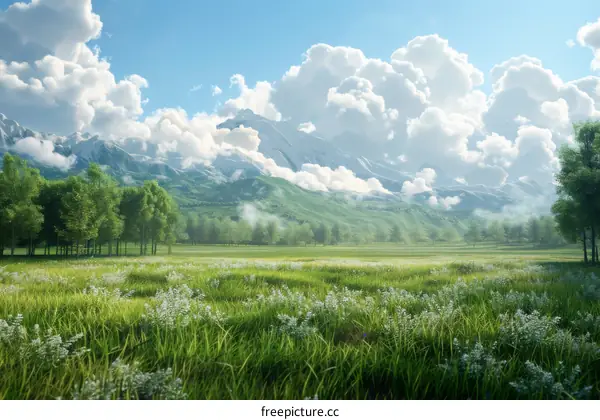 A Peaceful Mountain Meadow Landscape Illustration