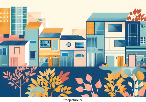 Colorful Illustration of a Cityscape with Buildings and Plants