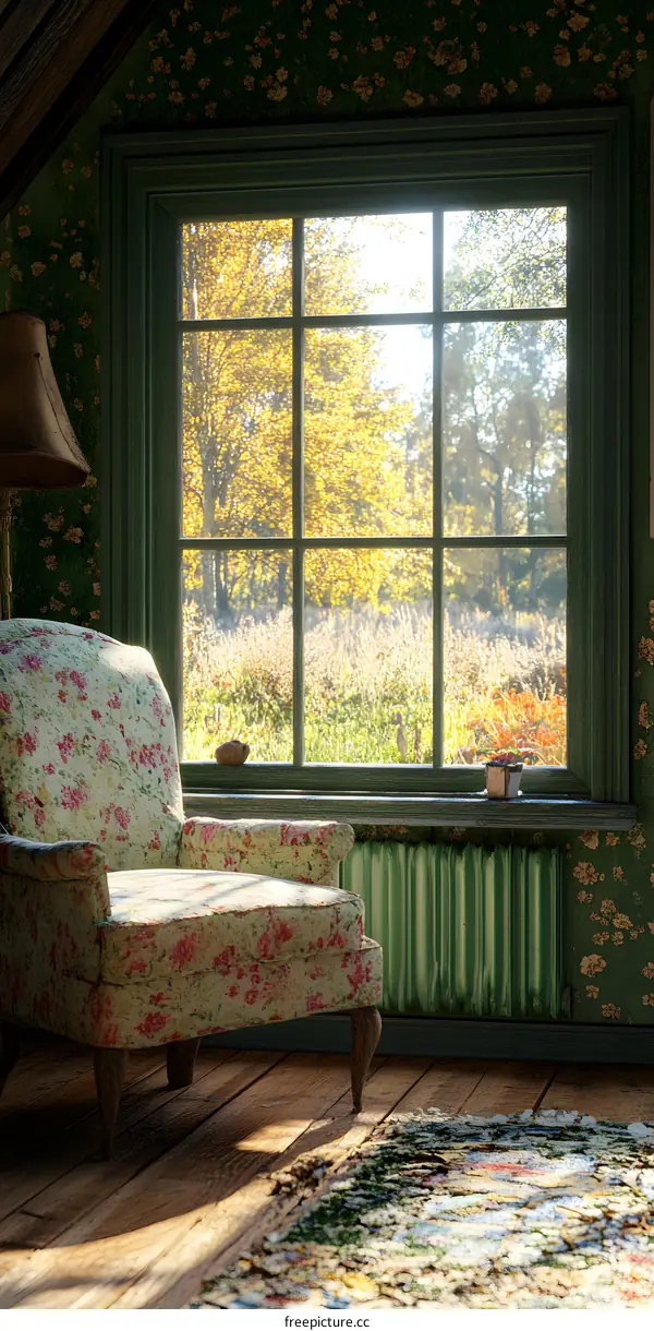 Vintage Chair by the Window with a View of Autumn Trees