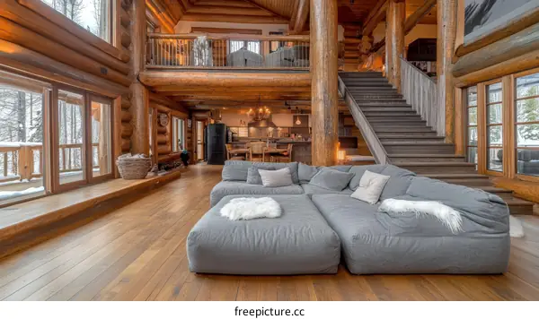 Cozy Log Cabin Living Room with Mountain Views