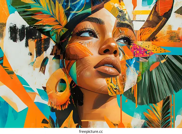 Abstract Art Portrait of a Woman With Tropical Leaves