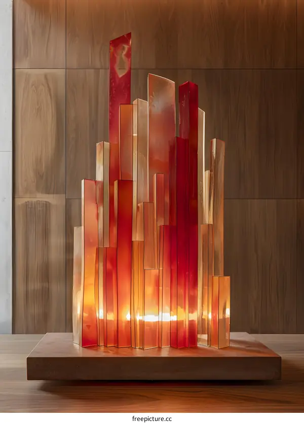 An abstract sculpture made of red and orange glass
