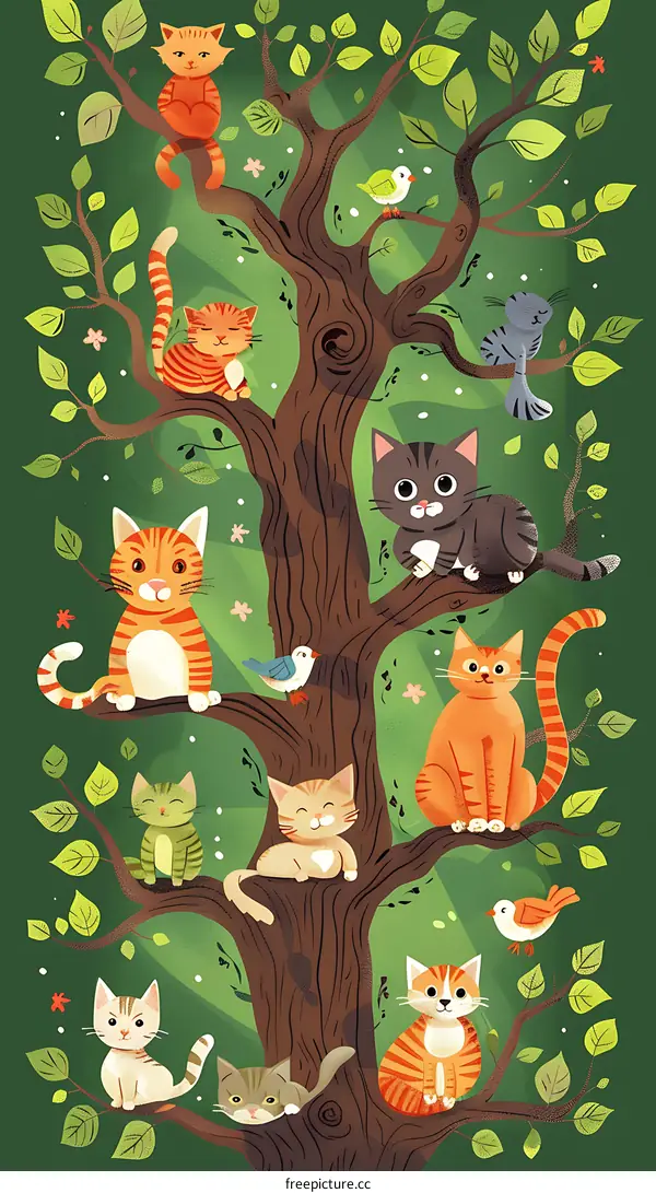 Family of Cats in a Tree Illustration