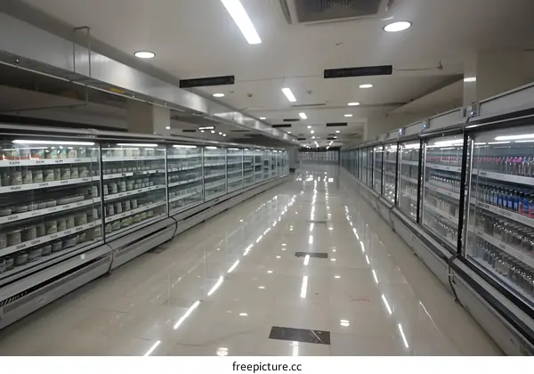 Empty Grocery Store Aisle With Refrigerated Shelving