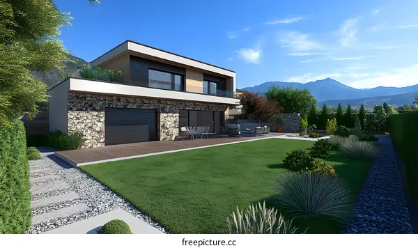 Modern House with Stone Wall and Green Lawn