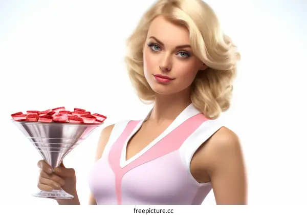 Glamorous Blonde Woman in Pink Dress Holding Martini Glass