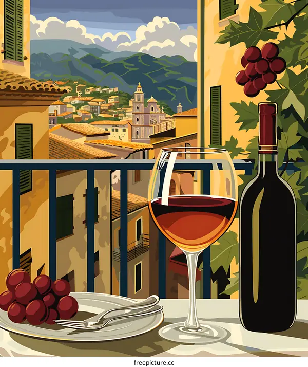 Red Wine in a Glass on the Balcony of an Italian Town