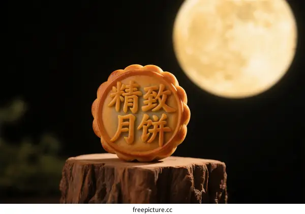 Mid-Autumn Festival mooncake with full moon in the background