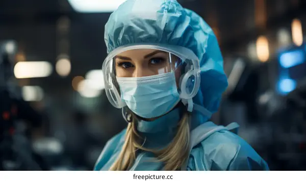Portrait of a Female Scientist Wearing a Surgical Mask and Safety Goggles