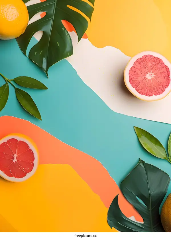 Colorful Summer Background With Tropical Leaves And Grapefruit