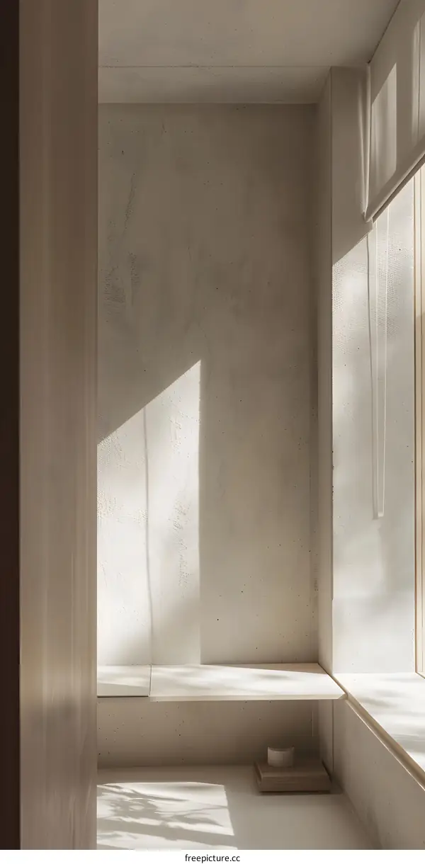 Minimalist Interior Design With Concrete Wall And Wooden Bench