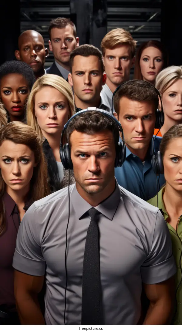 A group of serious looking men and women wearing headphones