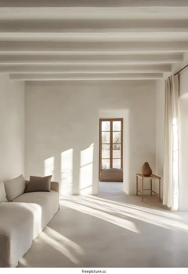 Minimalist Interior Design with Wooden Beams and Natural Light