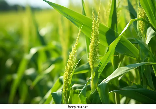Vibrant Green Corn Stalks and Leaves in a Lush Field