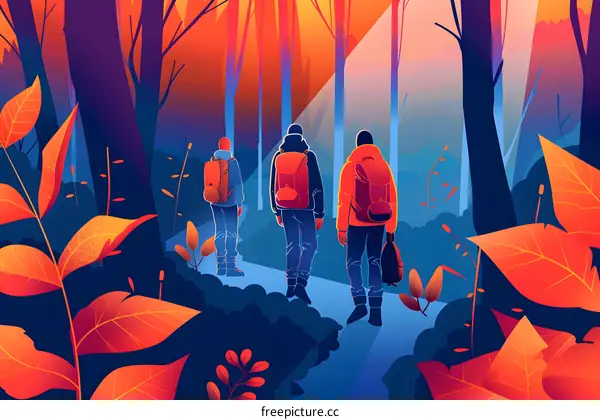 Three Hikers Walking Through an Autumn Forest