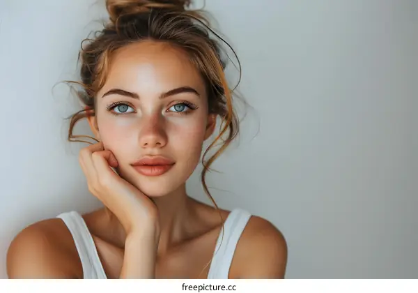 portrait of a beautiful young woman with freckles and blue eyes