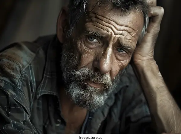 Portrait of an old man with a beard and a weathered face