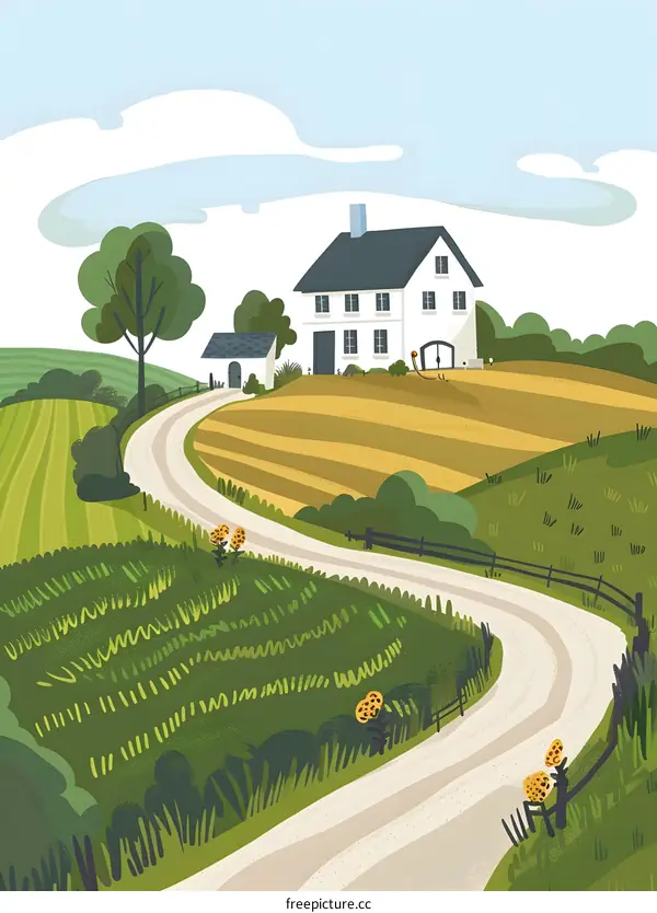 Countryside Landscape with a Winding Road and a House
