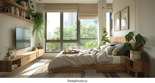 A bedroom with a large bed, a TV, and a lot of plants