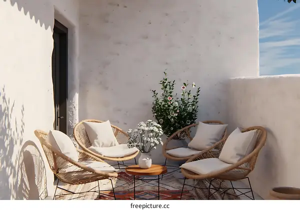 Minimalist Patio Design with White Wall and Rattan Chairs