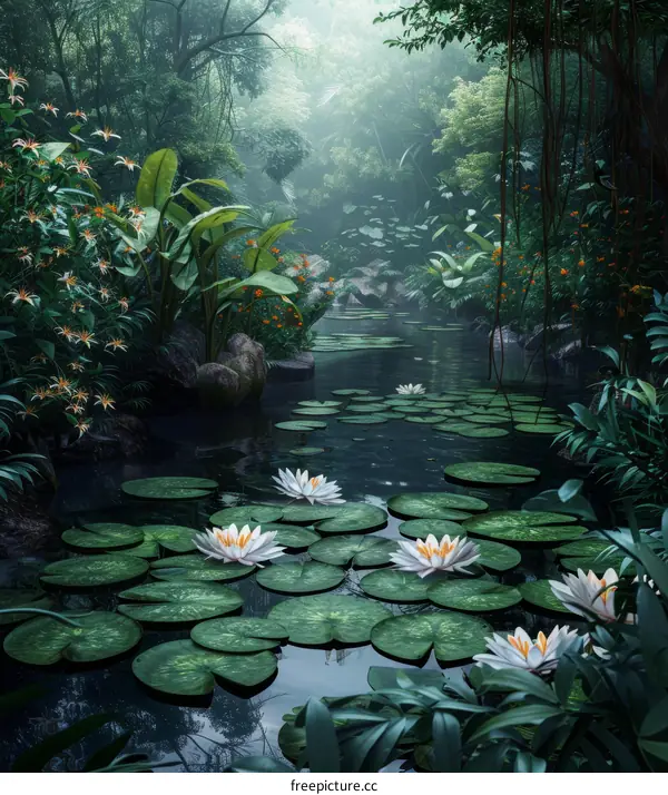 Tranquil Rainforest River with Blooming Water Lilies
