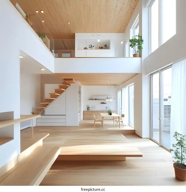 Modern Minimalist Interior Design with Wooden Flooring and High Ceilings