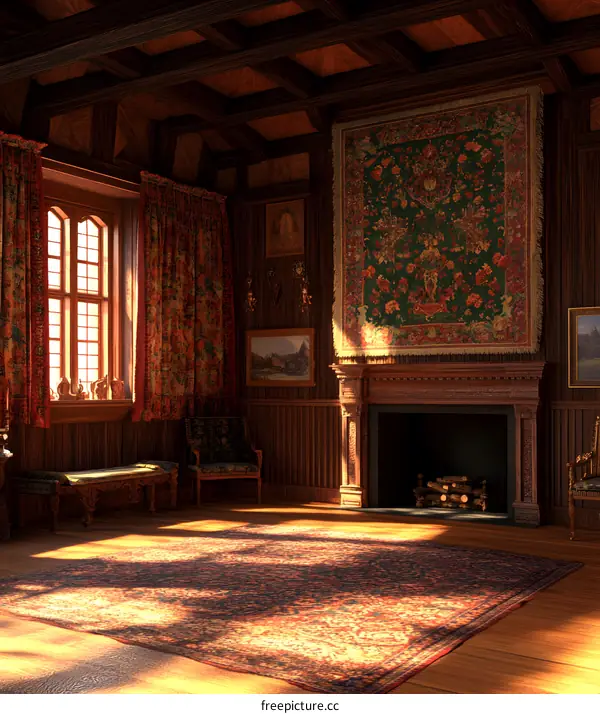 Rustic Interior Design with Wooden Beams and Tapestry