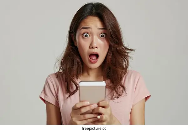 Asian woman looking at her phone in shock
