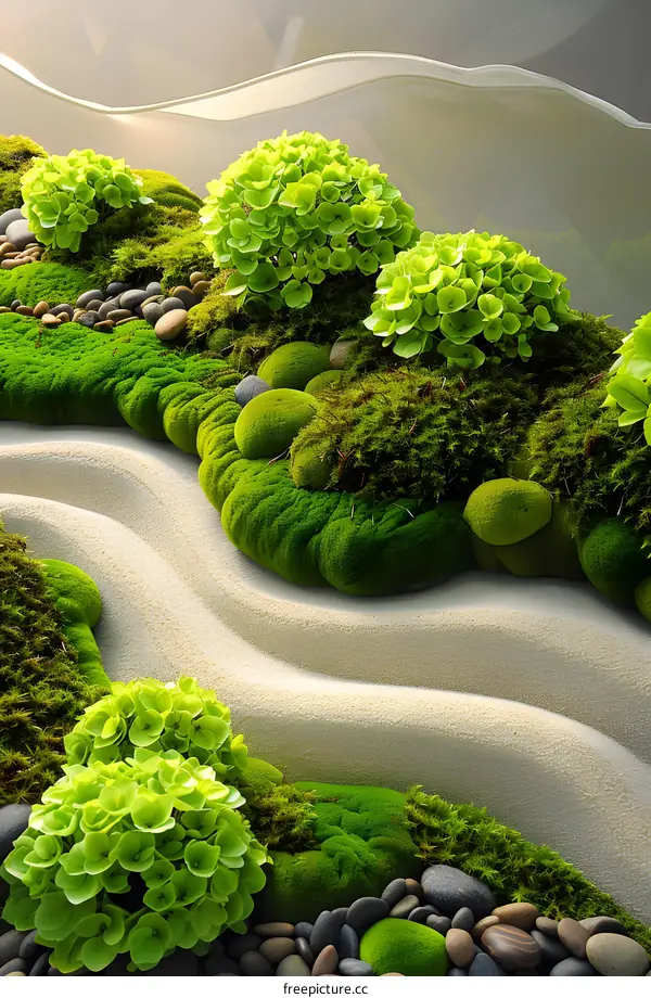 Green Moss and Stones Zen Garden Design