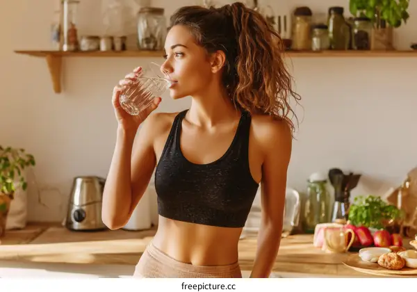 Woman Drinking Water in a Cozy Kitchen