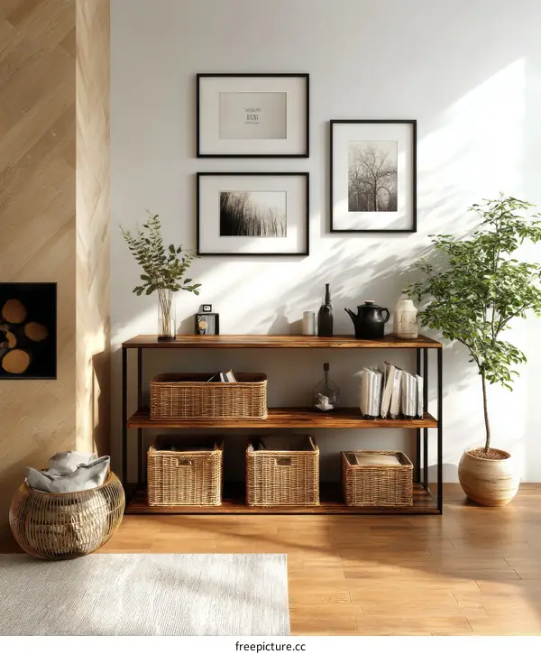 Modern Rustic Wooden Bookshelf with Wicker Baskets