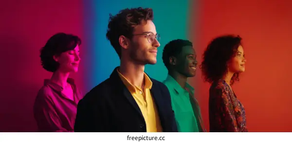 Diverse Group Posing in Neon Light