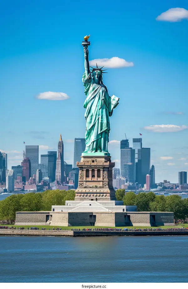 The Statue of Liberty in New York City with Manhattan skyline in the background
