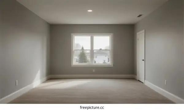 Empty room with gray walls and a large window for natural light