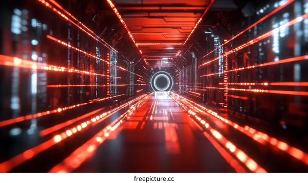 Futuristic Digital Corridor with Red Light Lines