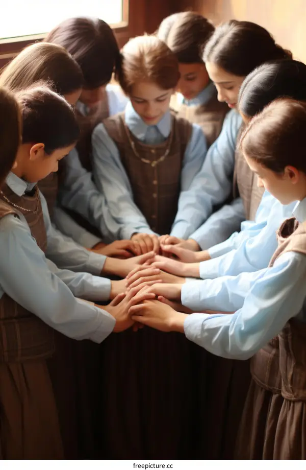 A group of girls in school uniform holding hands in a circle