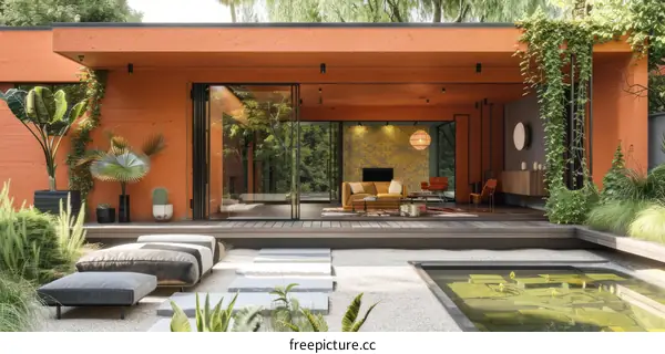 Modern House with Large Glass Windows and Landscaped Exterior