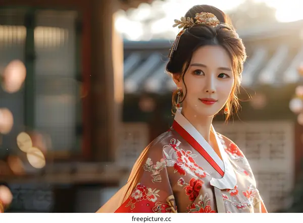 Portrait of a young woman in traditional Korean dress, or hanbok
