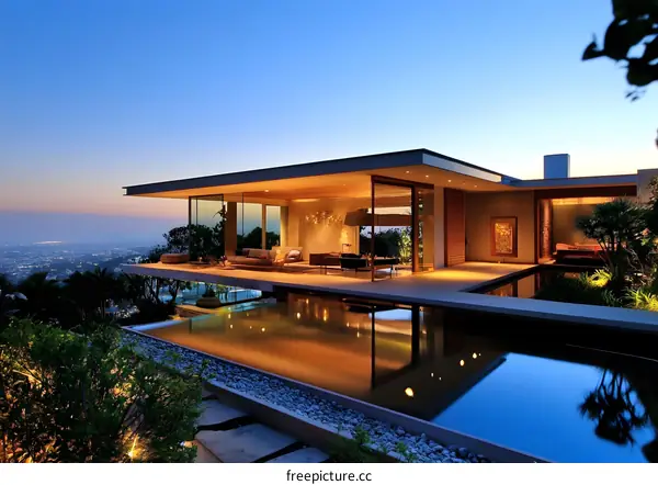 Modern House with Infinity Pool and View of City Lights