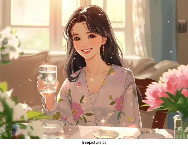 An East Asian woman is drinking water and smiling at the camera.